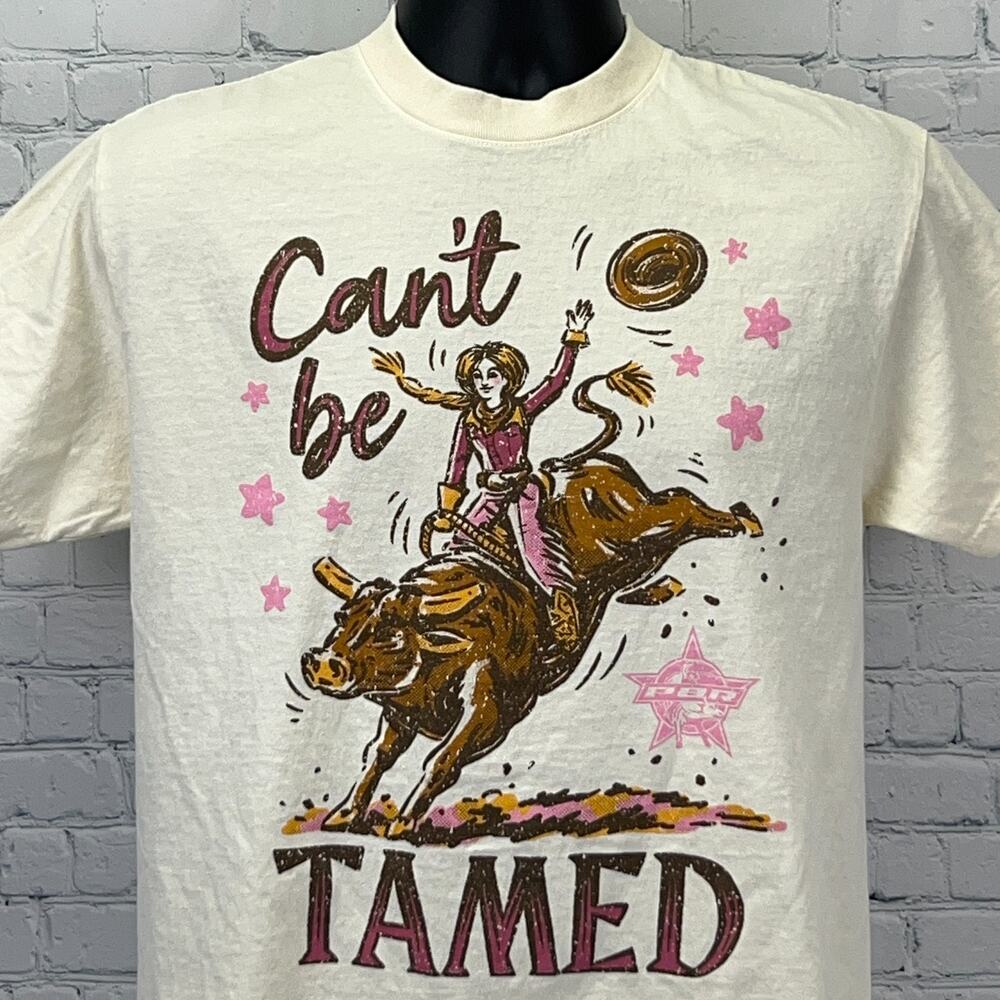 PBR Professional Bull Riders Cowgirl T Shirt Womens M Medium Beige Short Sleeve